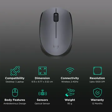 Logitech M170 Wireless Optical Mouse (Grey & Black)