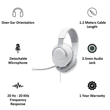 JBL Quantum 100 JBLQUANTUM100WHT Over-Ear Wired Gaming Headphone with Mic, White)