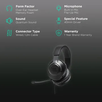 JBL Quantum 100 JBLQUANTUM100WHT Over-Ear Wired Gaming Headphone with Mic, Black