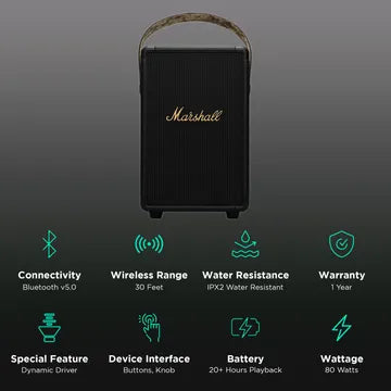 Marshall Tufton 80 Watts Portable Bluetooth Speaker (Fast Charging Capability, MS-TFT-BLKBR, Black)