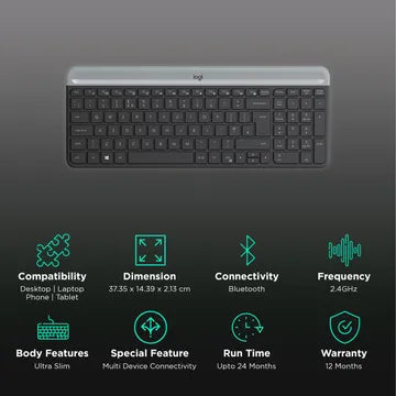 Logitech K580 Slim Multi-Device Wireless Keyboard Bluetooth/Receiver, Graphite