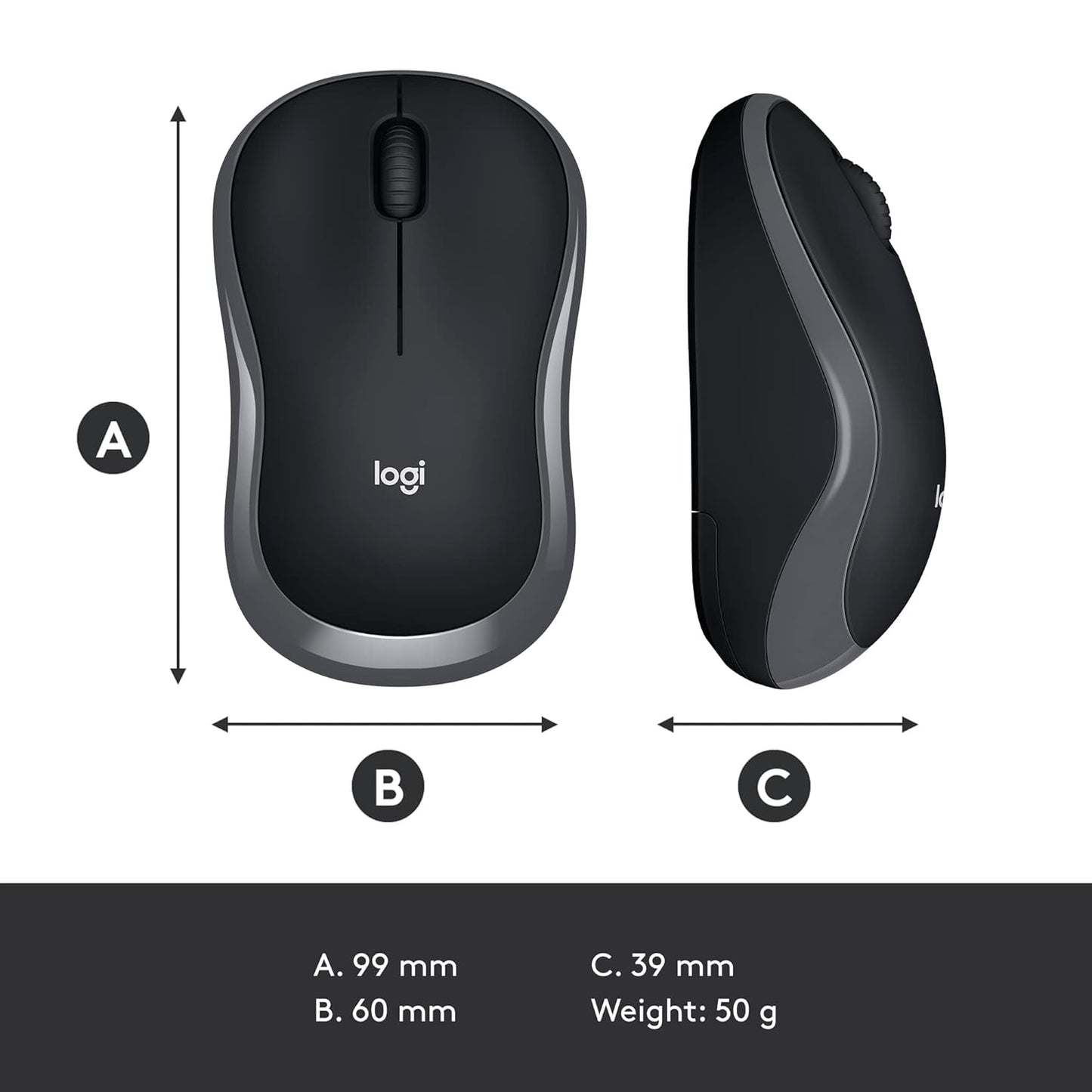 Logitech M185 Wireless USB Mouse, Grey