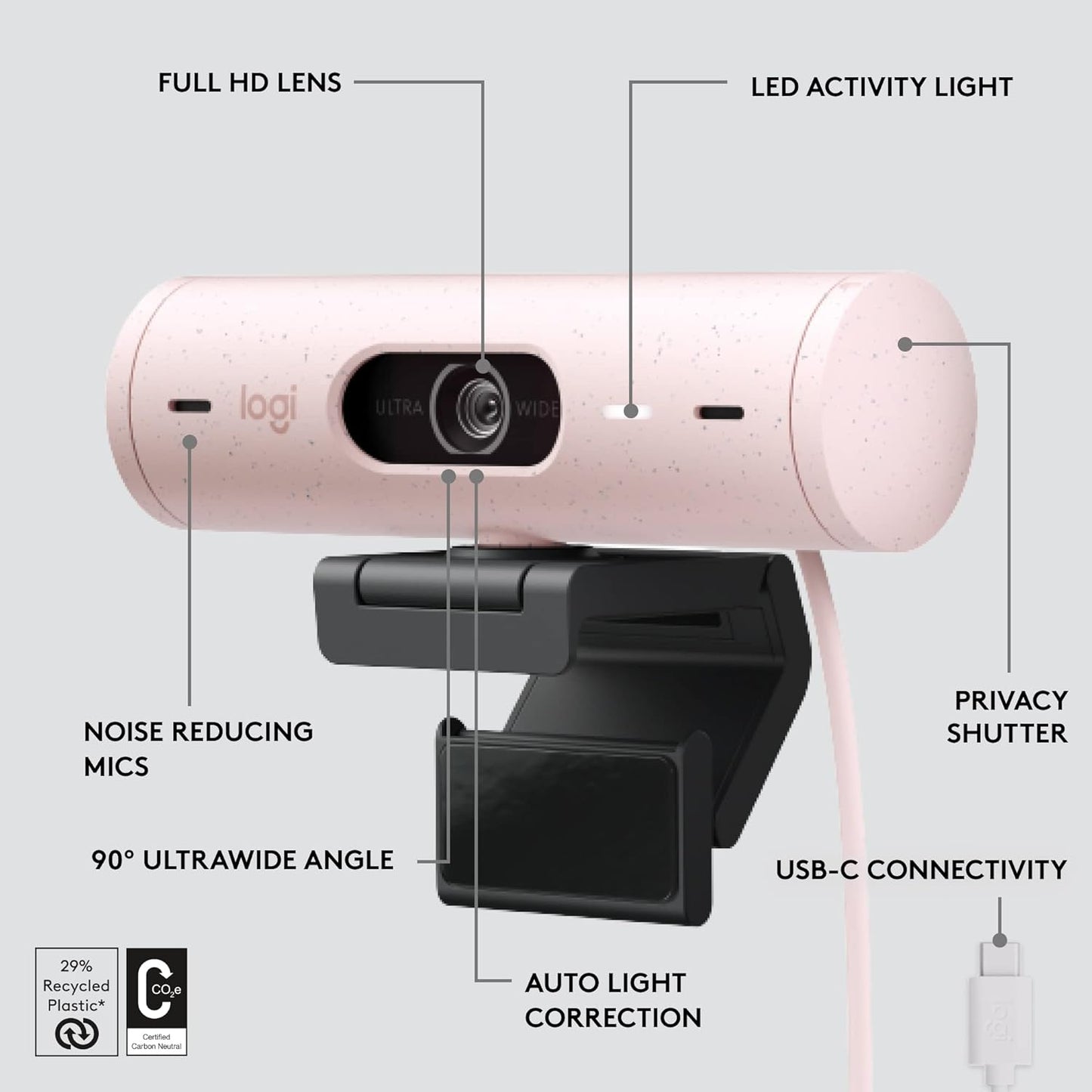 Logitech Brio 500 Full HD Webcam with Auto Light Correction, Rose