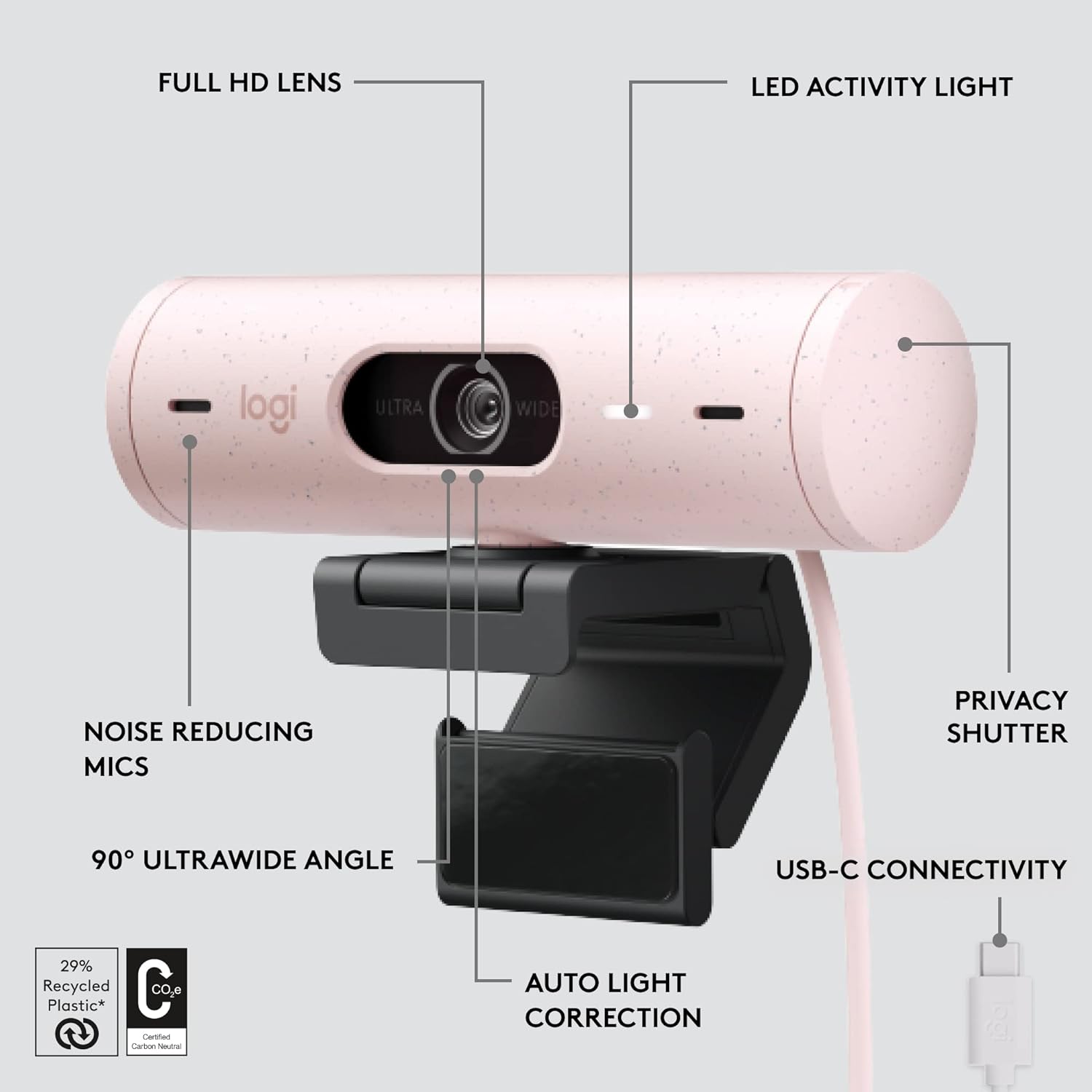 Logitech Brio 500 Full HD Webcam with Auto Light Correction, Rose