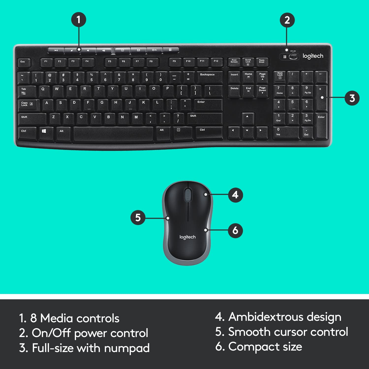 Logitech MK275 USB Wireless Keyboard and Mouse Set for Windows, Black