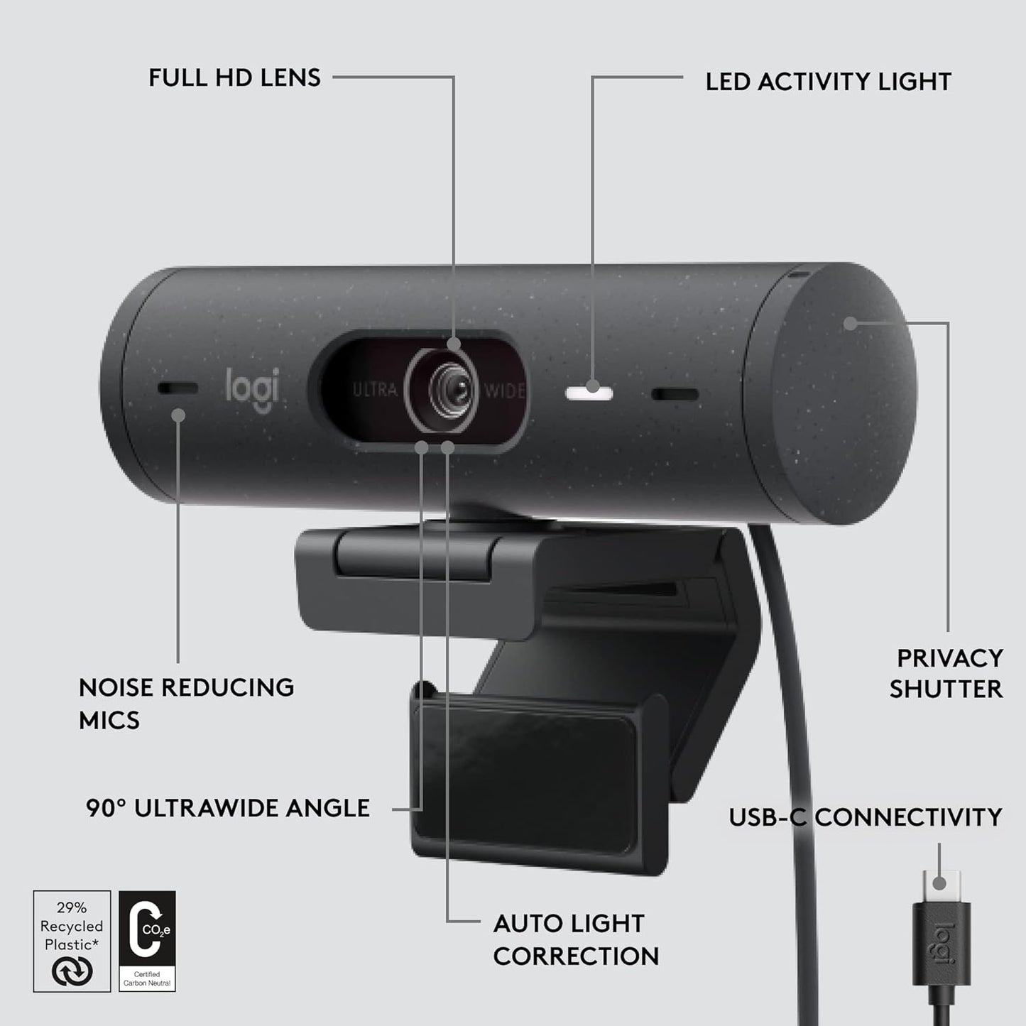 Logitech Brio 500 Full HD Webcam with Auto Light Correction, Graphite