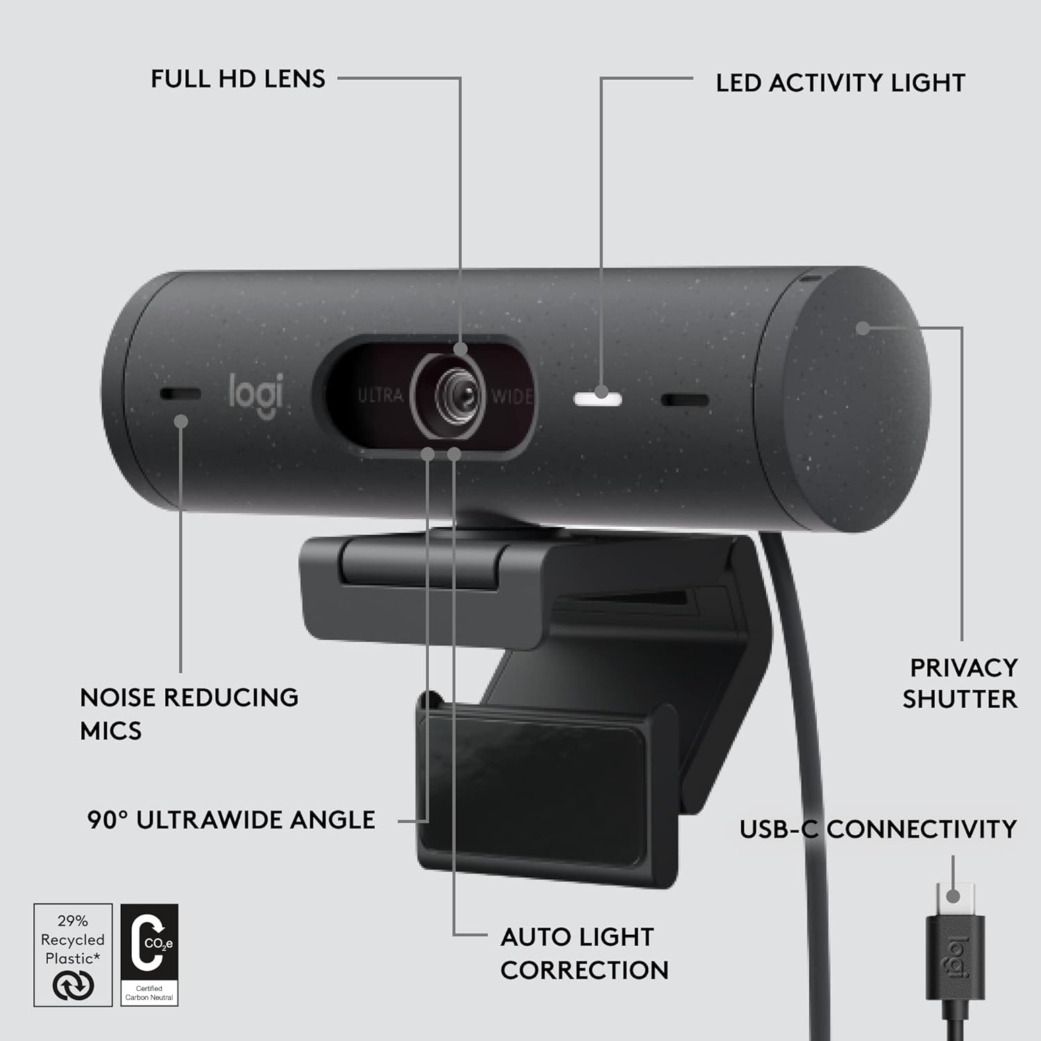 Logitech Brio 500 Full HD Webcam with Auto Light Correction, Graphite