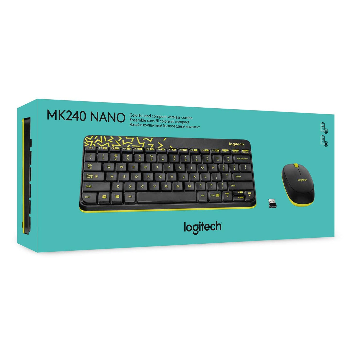 Logitech MK240 Nano Wireless USB Keyboard and Mouse Set, Black/Chartreuse Yellow