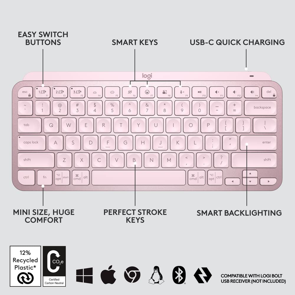 Logitech MX Keys Mini Minimalist Wireless Illuminated Keyboard, Rose