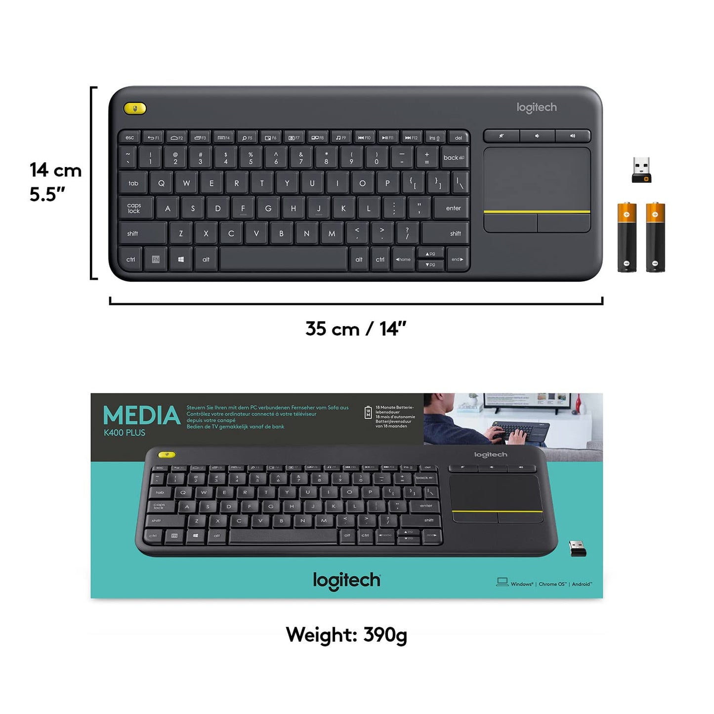 Logitech K400 Plus Wireless Touch TV Keyboard - Black