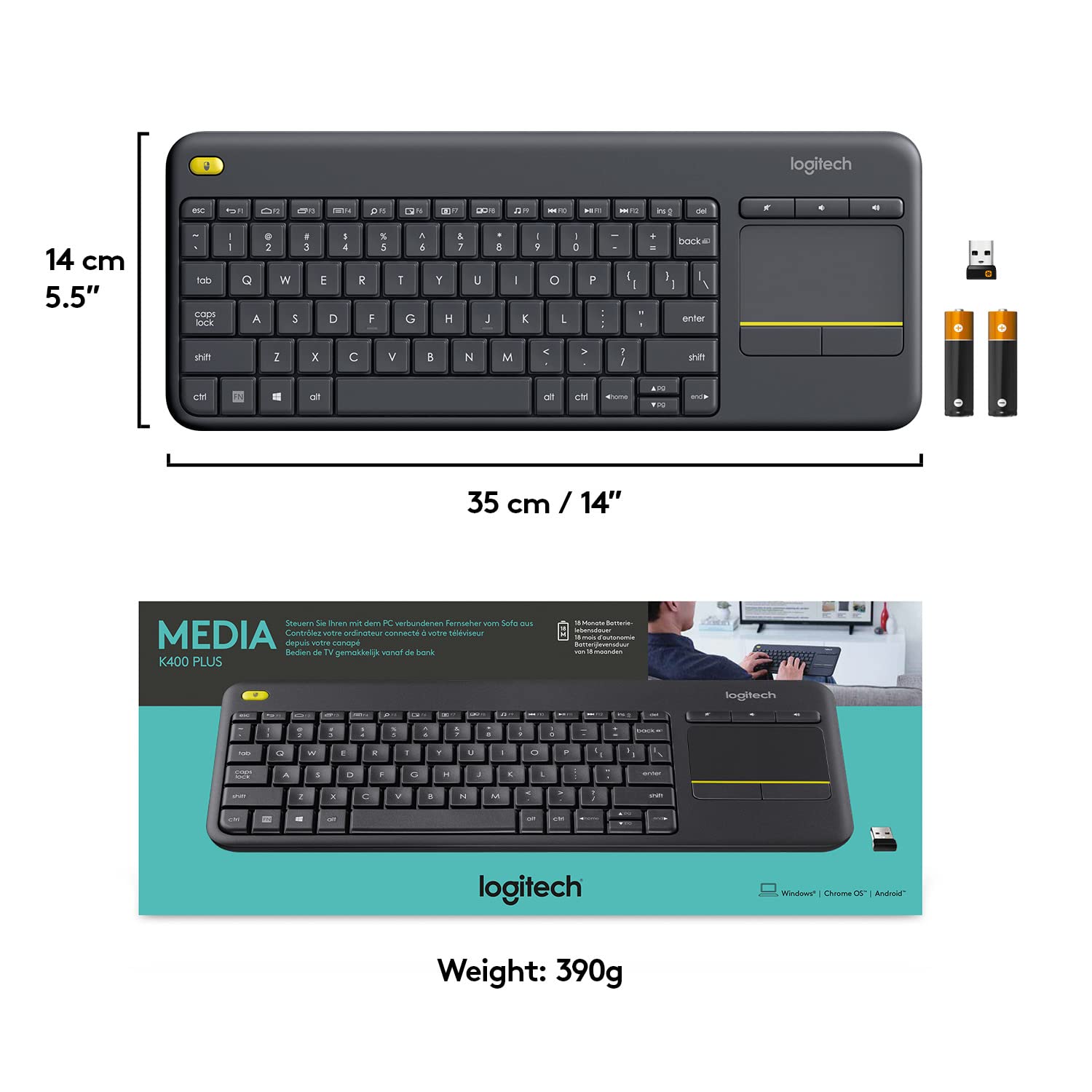 Logitech K400 Plus Wireless Touch TV Keyboard - Black