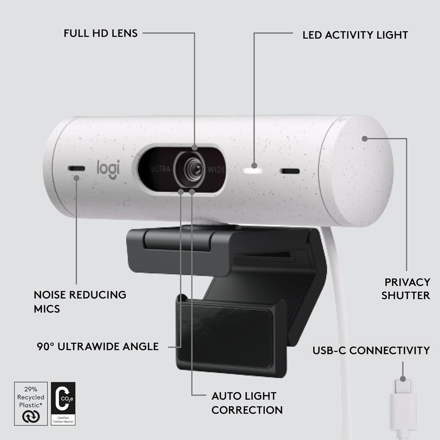 Logitech Brio 500 Full HD Webcam with Auto Light Correction, Off-white