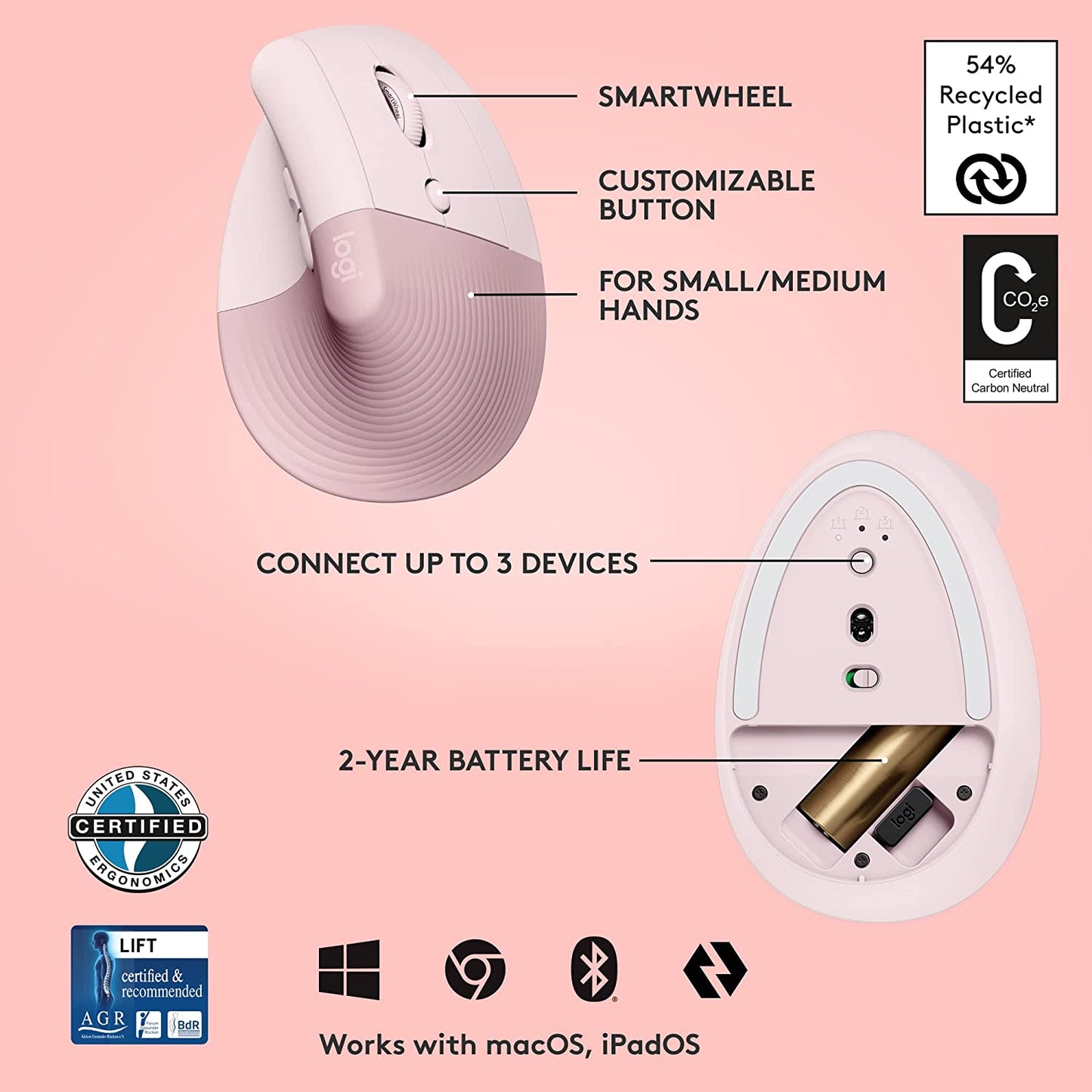 Logitech Lift Vertical Ergonomic Mouse- Rose