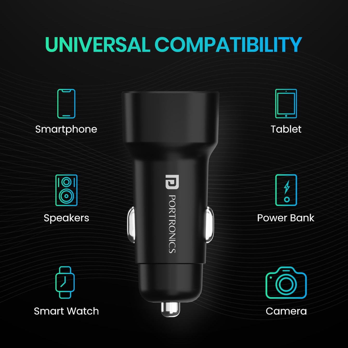 Portronics 80W Dual Output Fast Car Charger with Type-C PD & USB, LED Indicator -black