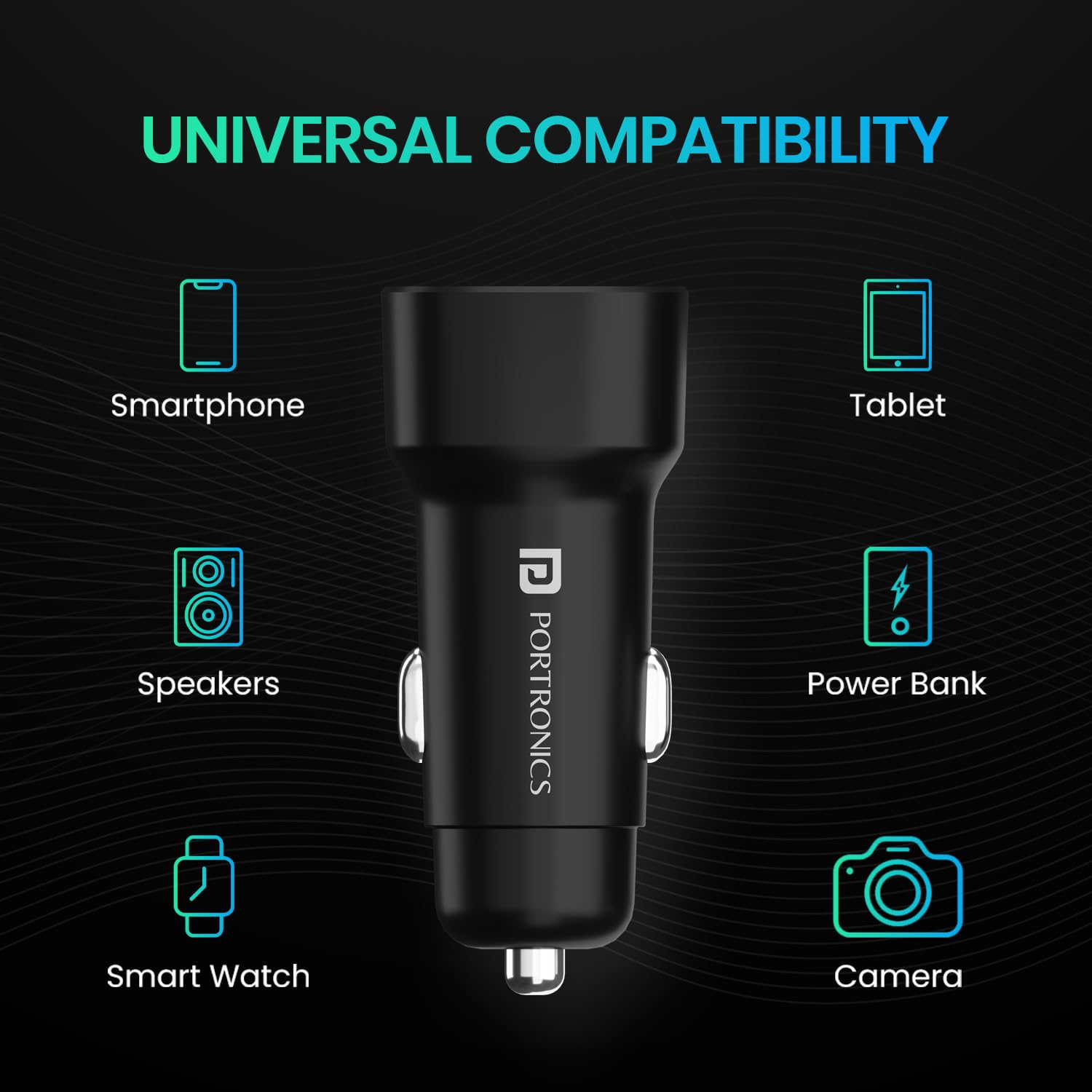 Portronics 80W Dual Output Fast Car Charger with Type-C PD & USB, LED Indicator -black