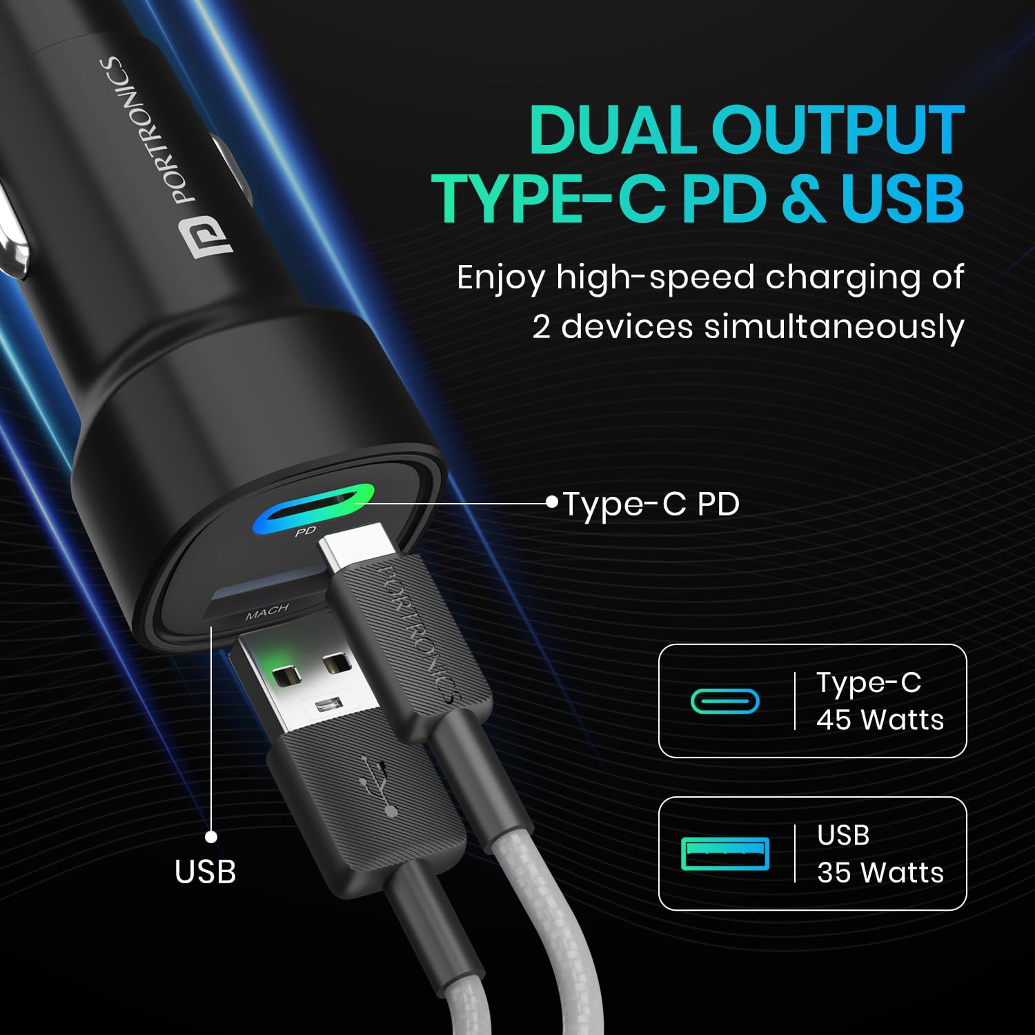 Portronics 80W Dual Output Fast Car Charger with Type-C PD & USB, LED Indicator -black