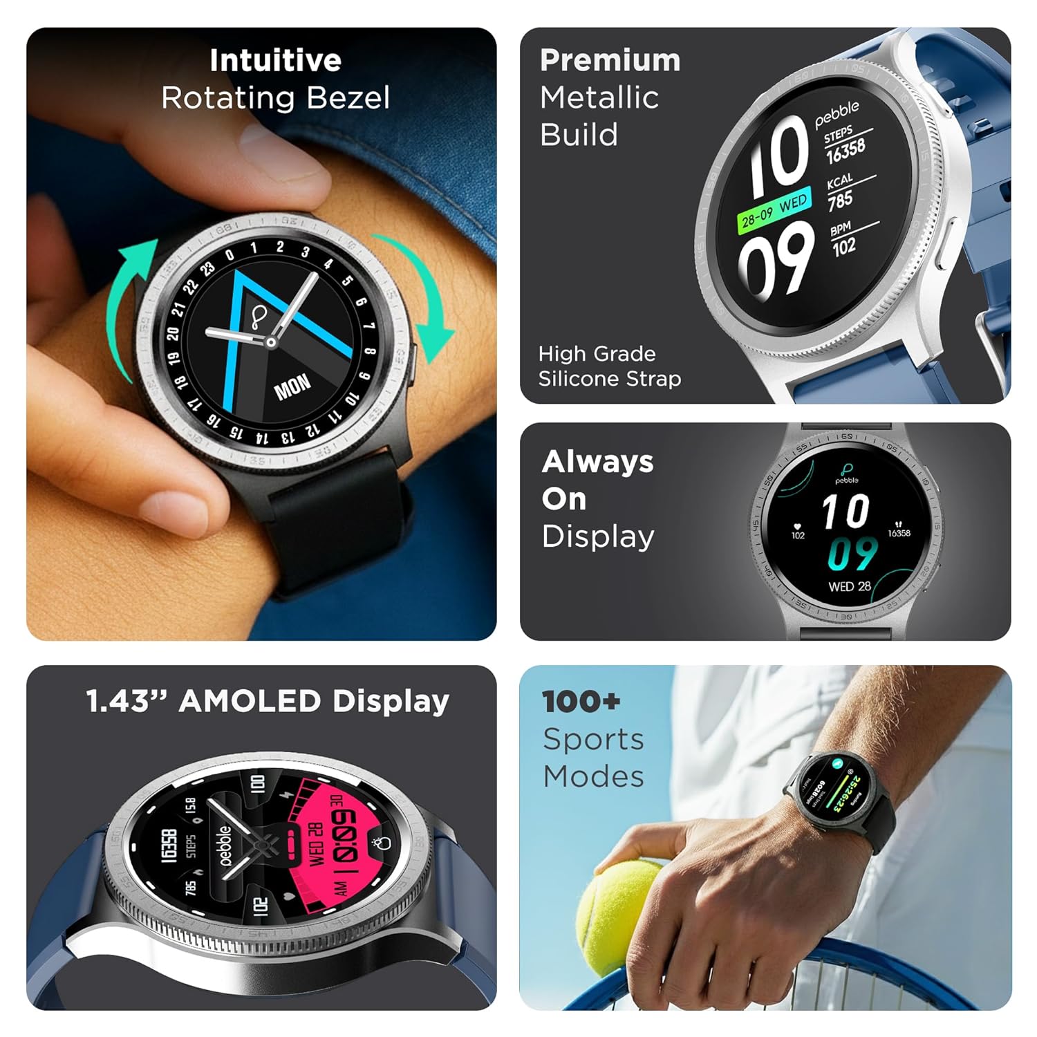 Pebble Revolve Pro Rotating Bezel with Ultra AMOLED Smartwatch