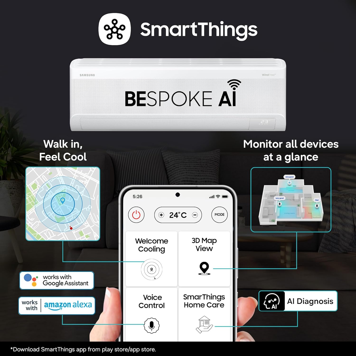 Samsung 1.5Ton 5Star,New Star rated, Bespoke AI Inverter Smart Split AC (AR60H18D1ZW)