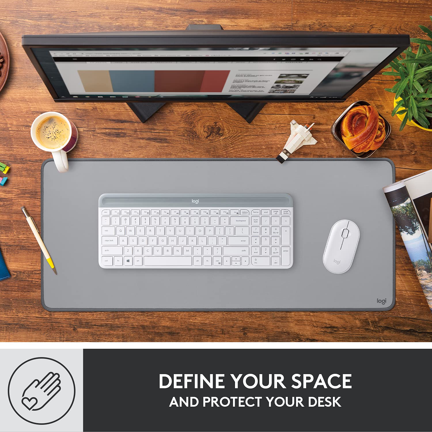 Logitech Desk Mat - Studio Series, Multifunctional Large Desk Pad, Mid Grey