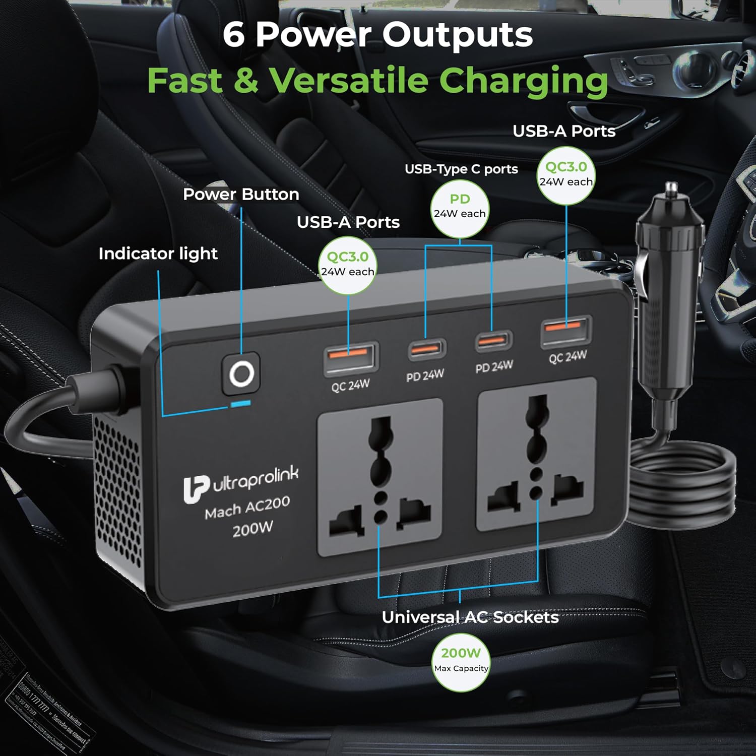 ULTRAPROLINK 6 in 1 200W Car Laptop Charger