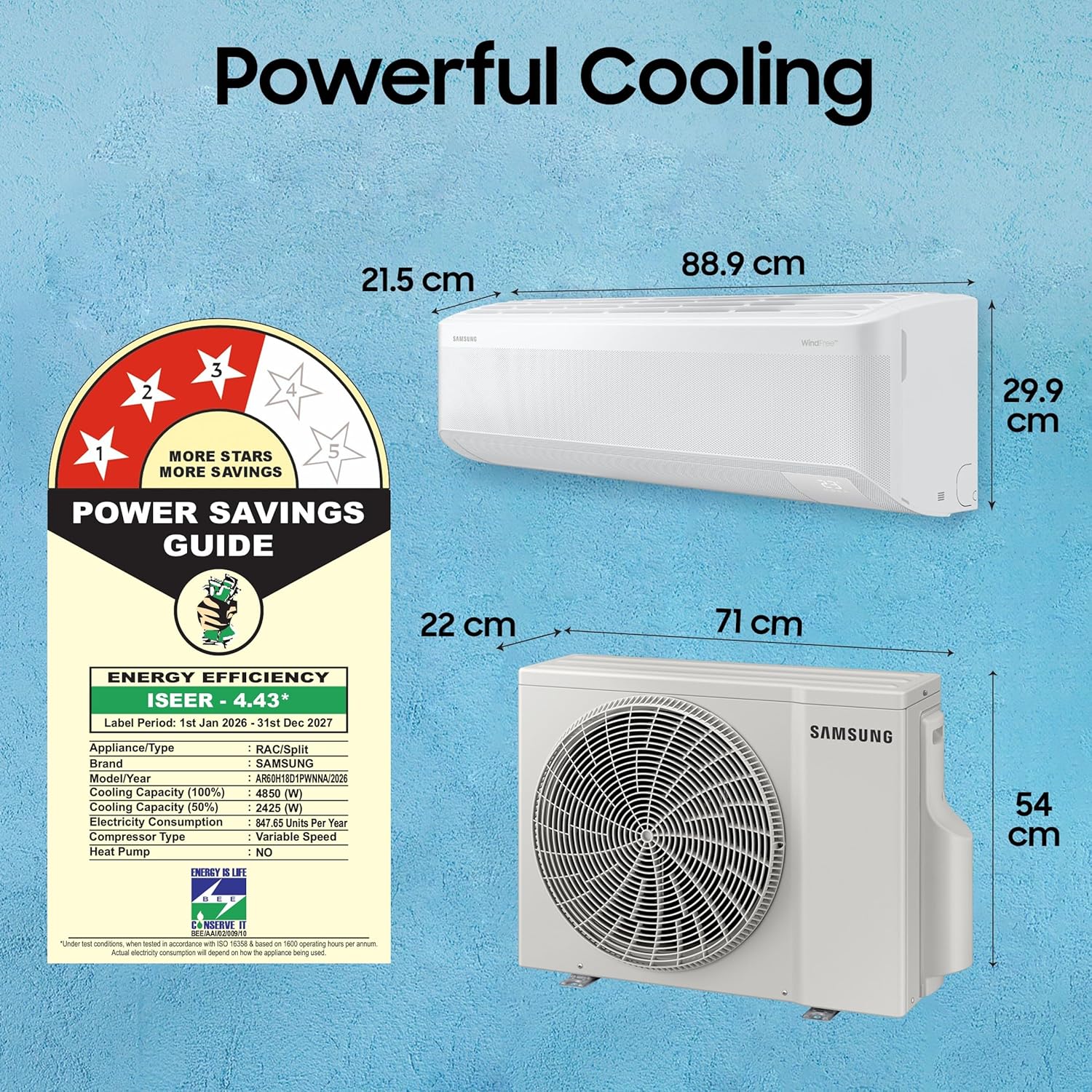 Samsung 1.5 Ton 3 Star Bespoke AI WindFree Inverter Smart Split AC (AR60H18D1PW)