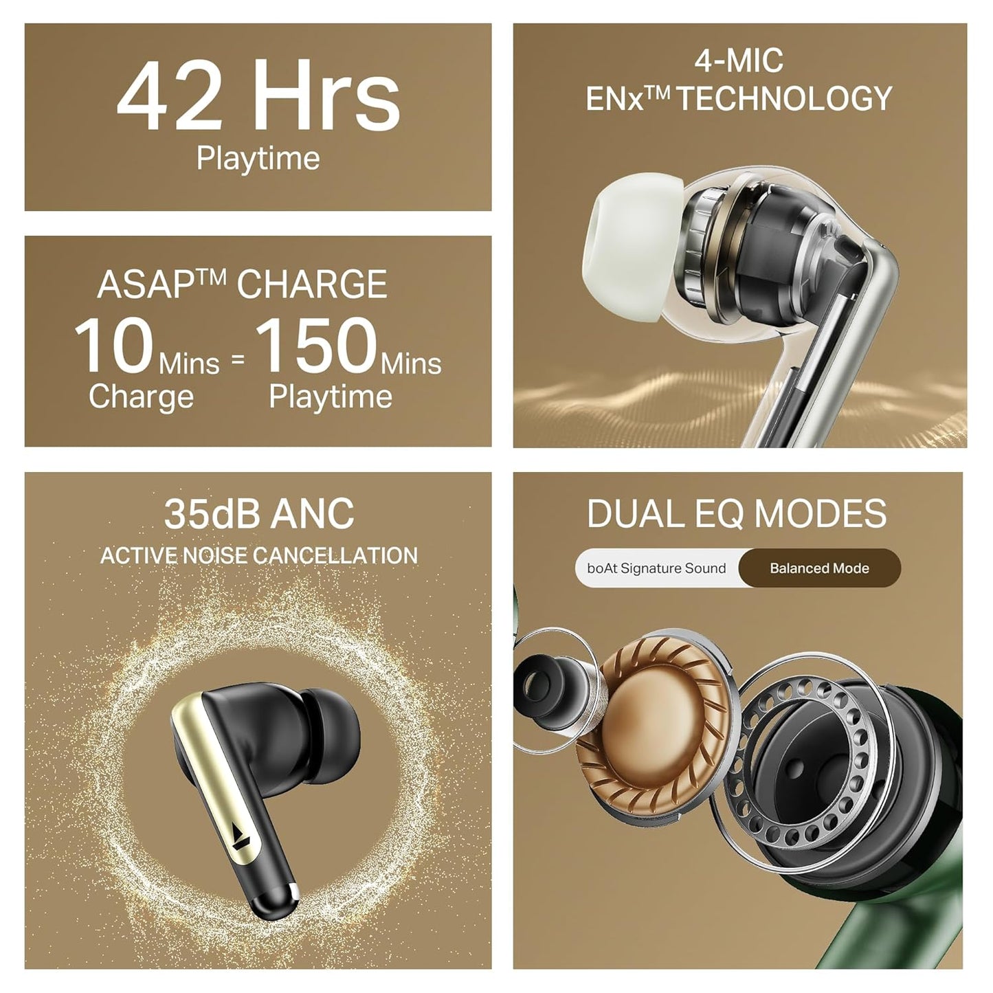 Boat Airdopes 141 Elite ANC Wireless Earphones with mic (Green)