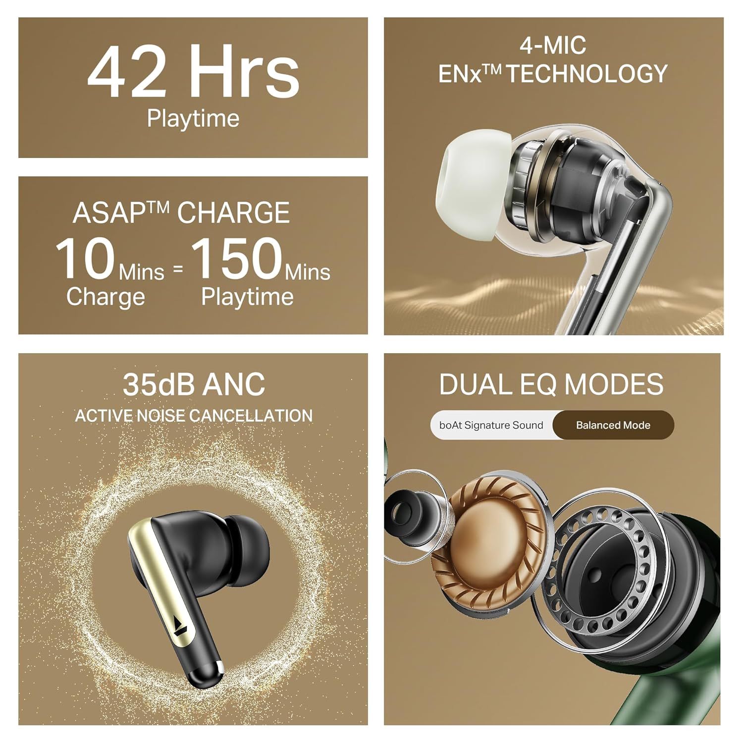 Boat Airdopes 141 Elite ANC Wireless Earphones with mic (Green)