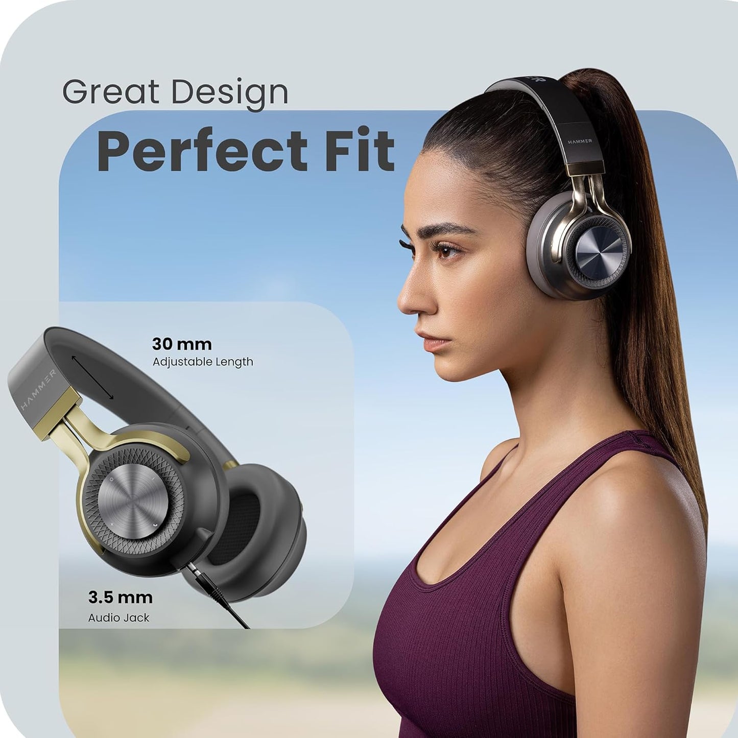 HAMMER Bash 2.0 Over The Ear Wireless Bluetooth Headphones with Mic-(Grey)