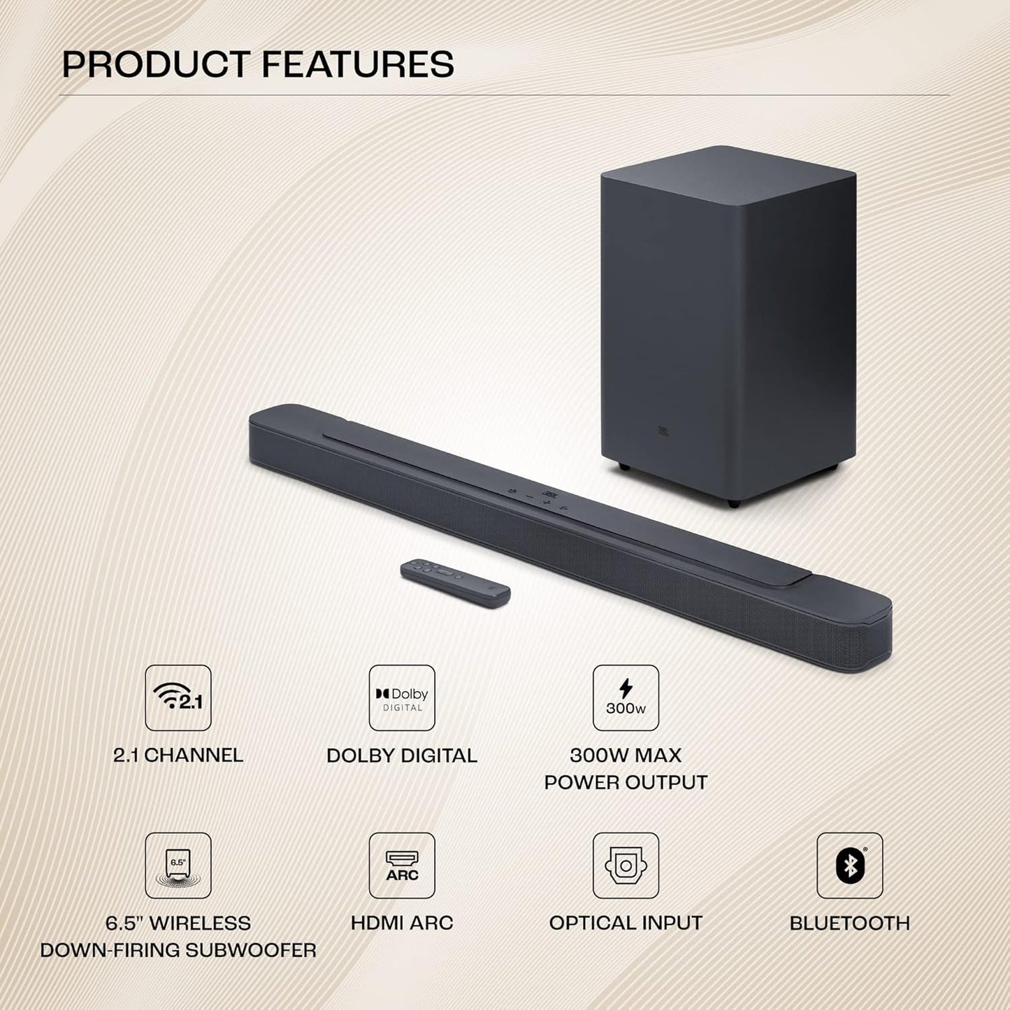 JBL Bar 2.1 Deep Bass (MK2), Soundbar with 6.5” Down-Firing Wireless Subwoofer, 2.1 Channel