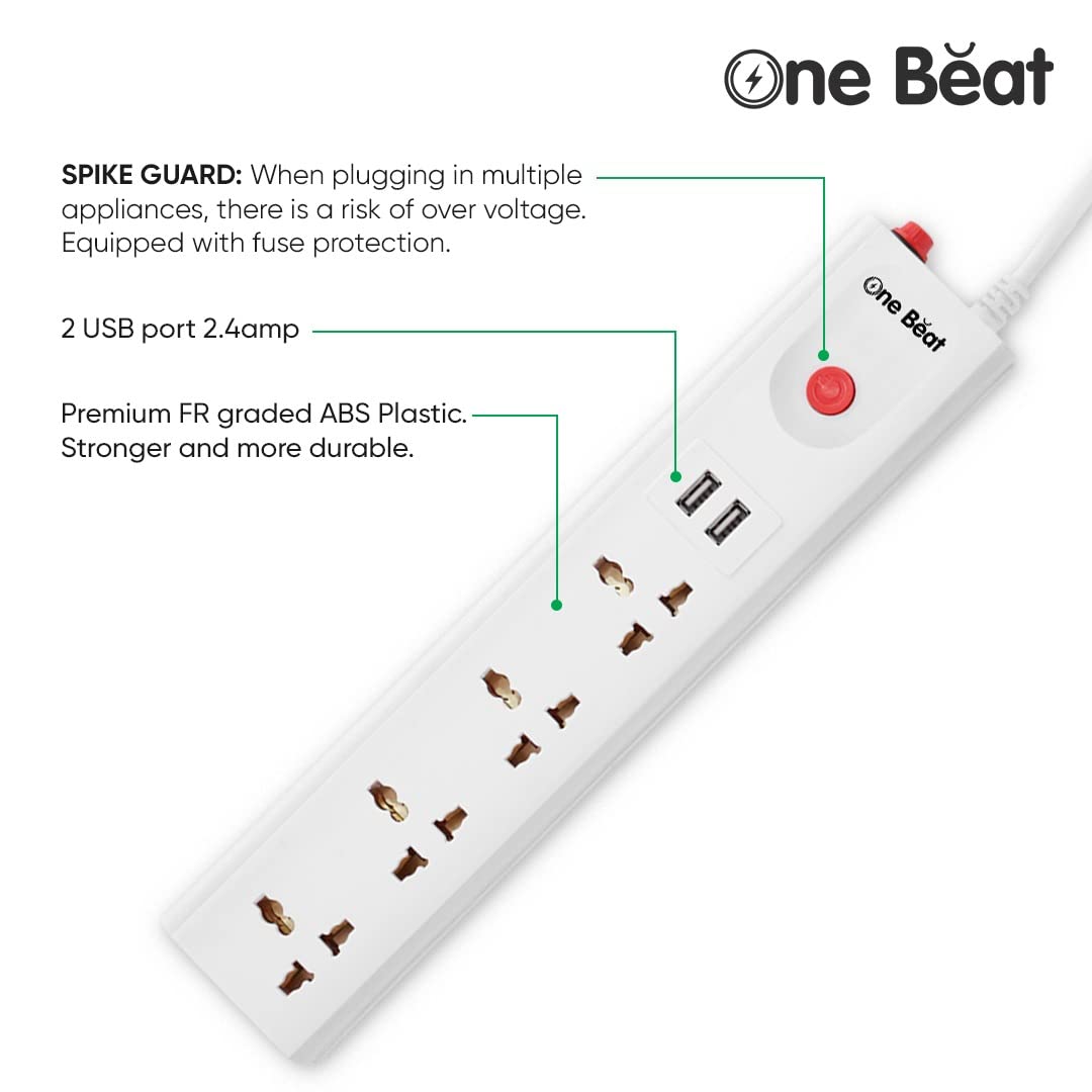 One Beat Extension Board with 4 Socket, 2USB Ports and 10 Meter Power Cord (OB-204210-U)