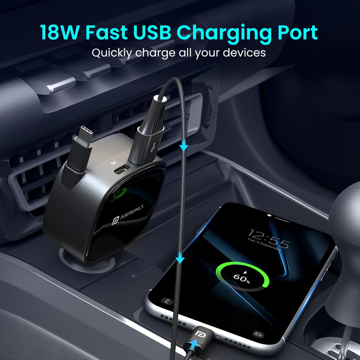 Portronics Car Power Retracto 84W 3 in 1 Car Charger