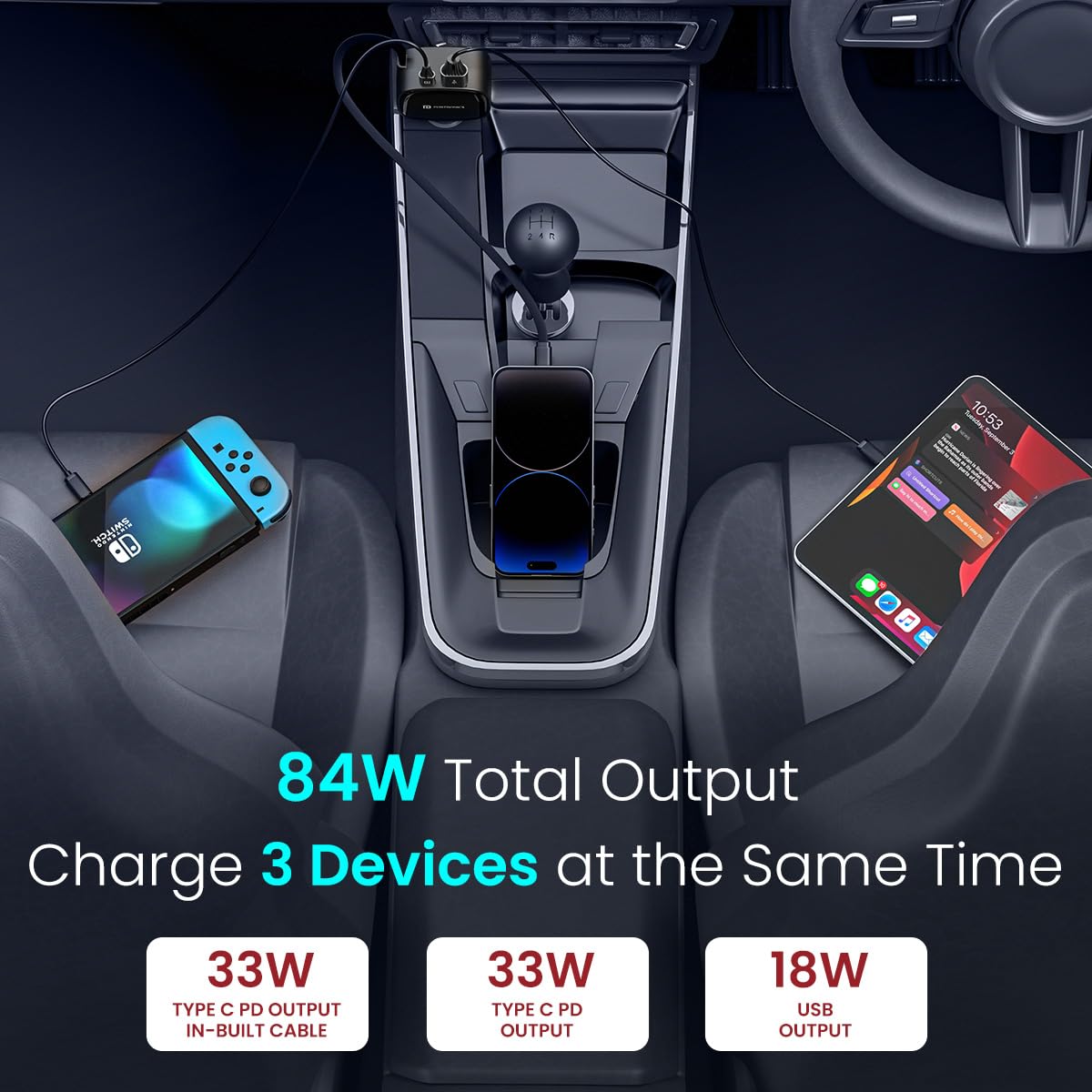 Portronics Car Power Retracto 84W 3 in 1 Car Charger