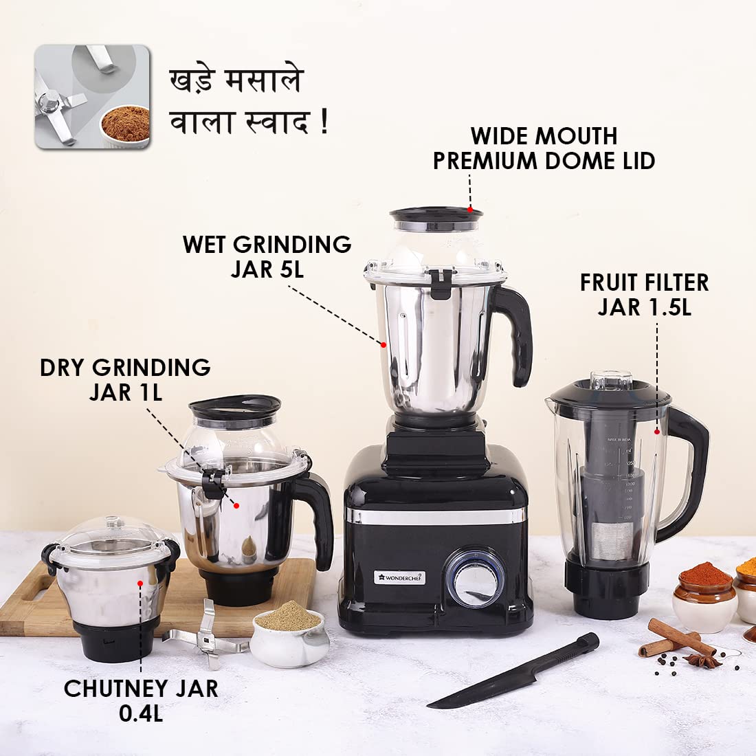 Wonderchef Sumo Black DLX Mixer Grinder 1000 Watts with 4 Stainless Steel Jars