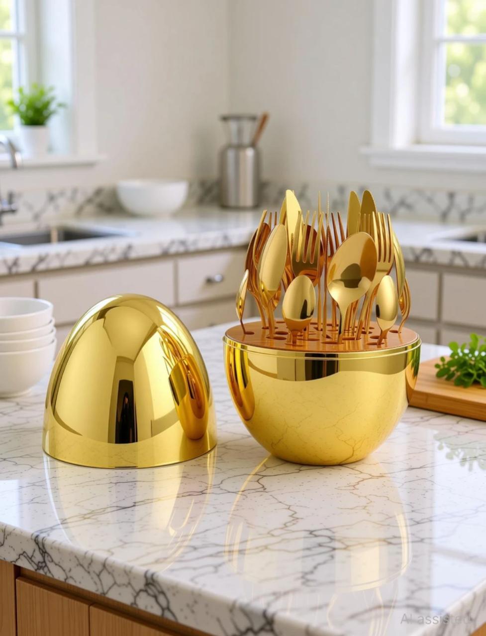 Egg-Shaped Gold Stainless Steel Cutlery Set with Decorative Holder