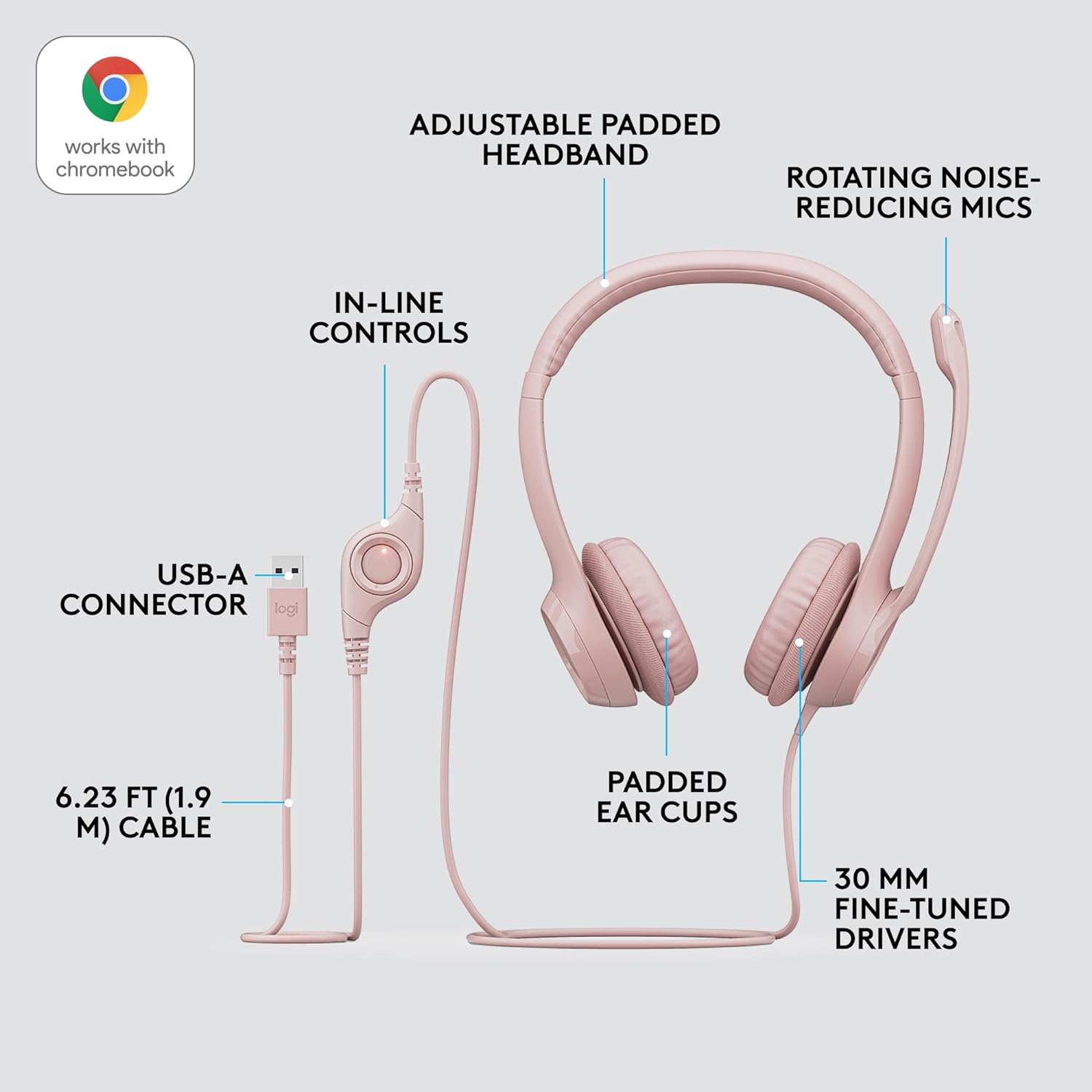 Logitech H390 Wired Headset for PC/Laptop, with Noise Cancelling Microphone, USB-A, In-Line Controls, Works with Chromebook