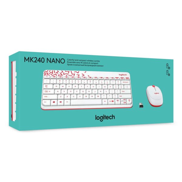 Logitech MK240 Nano Wireless USB Keyboard and Mouse Set, White/Vivid Red - Image 2