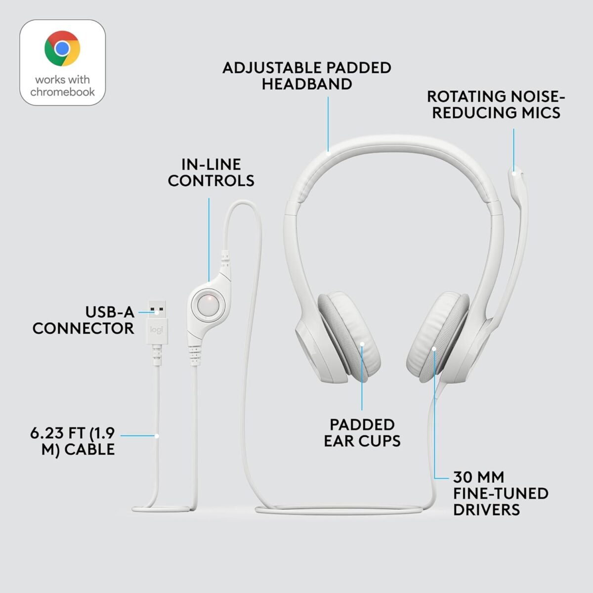 Logitech H390 Wired On Ear Headset for PC/Laptop, White - Image 4