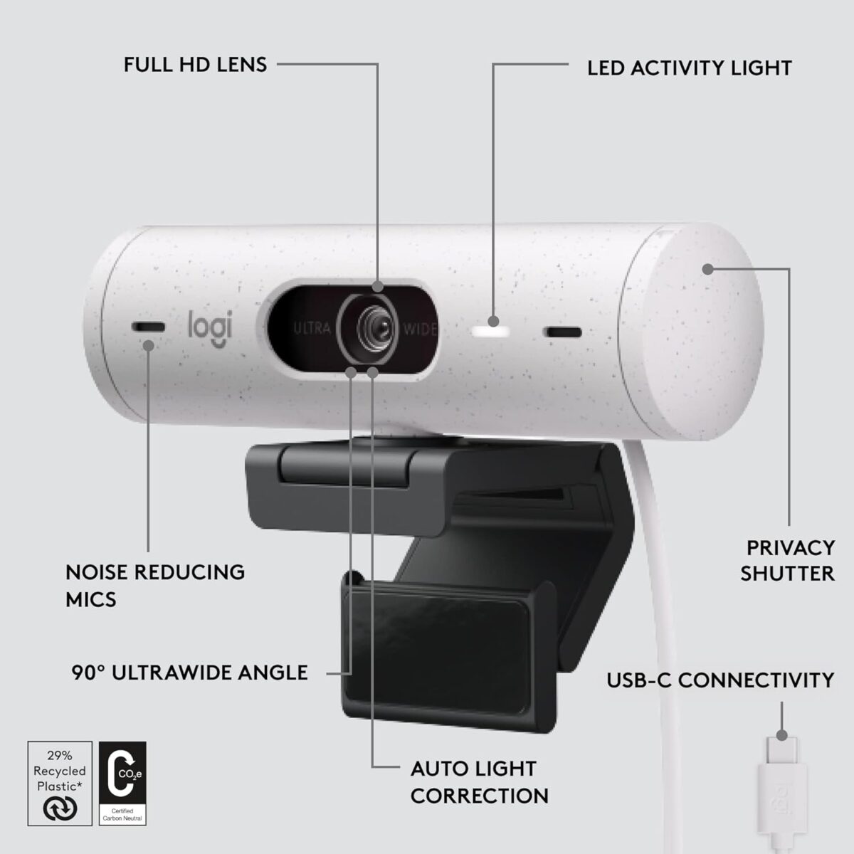 Logitech Brio 500 Full HD Webcam with Auto Light Correction, Off-white - Image 2