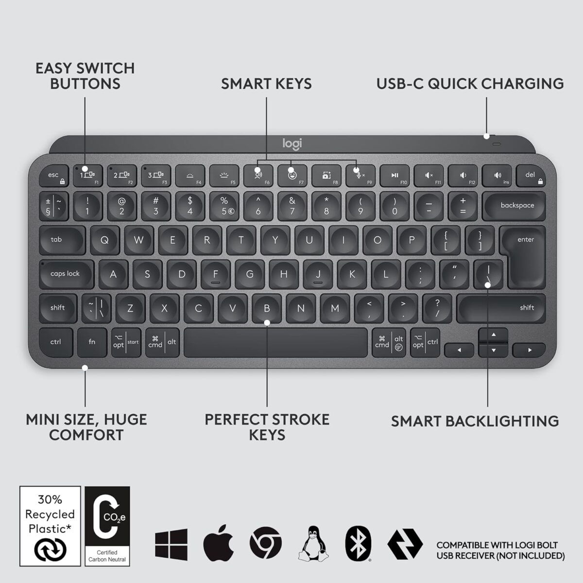 Logitech MX Keys Mini Minimalist Wireless Illuminated Keyboard, Graphite - Image 1