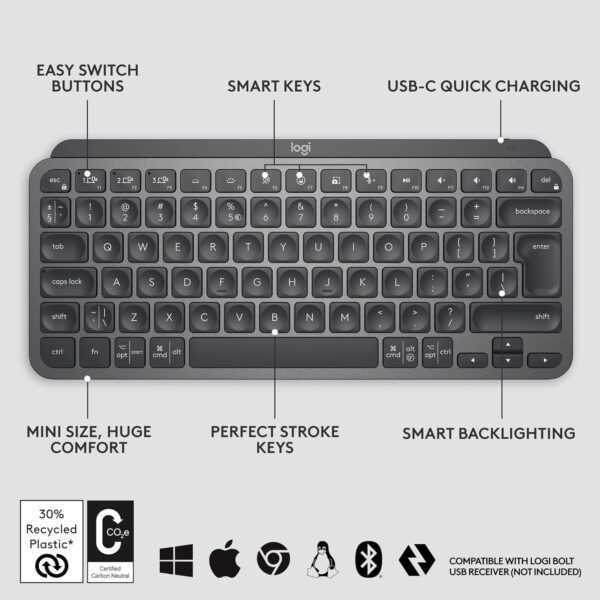 Logitech MX Keys Mini Minimalist Wireless Illuminated Keyboard, Graphite