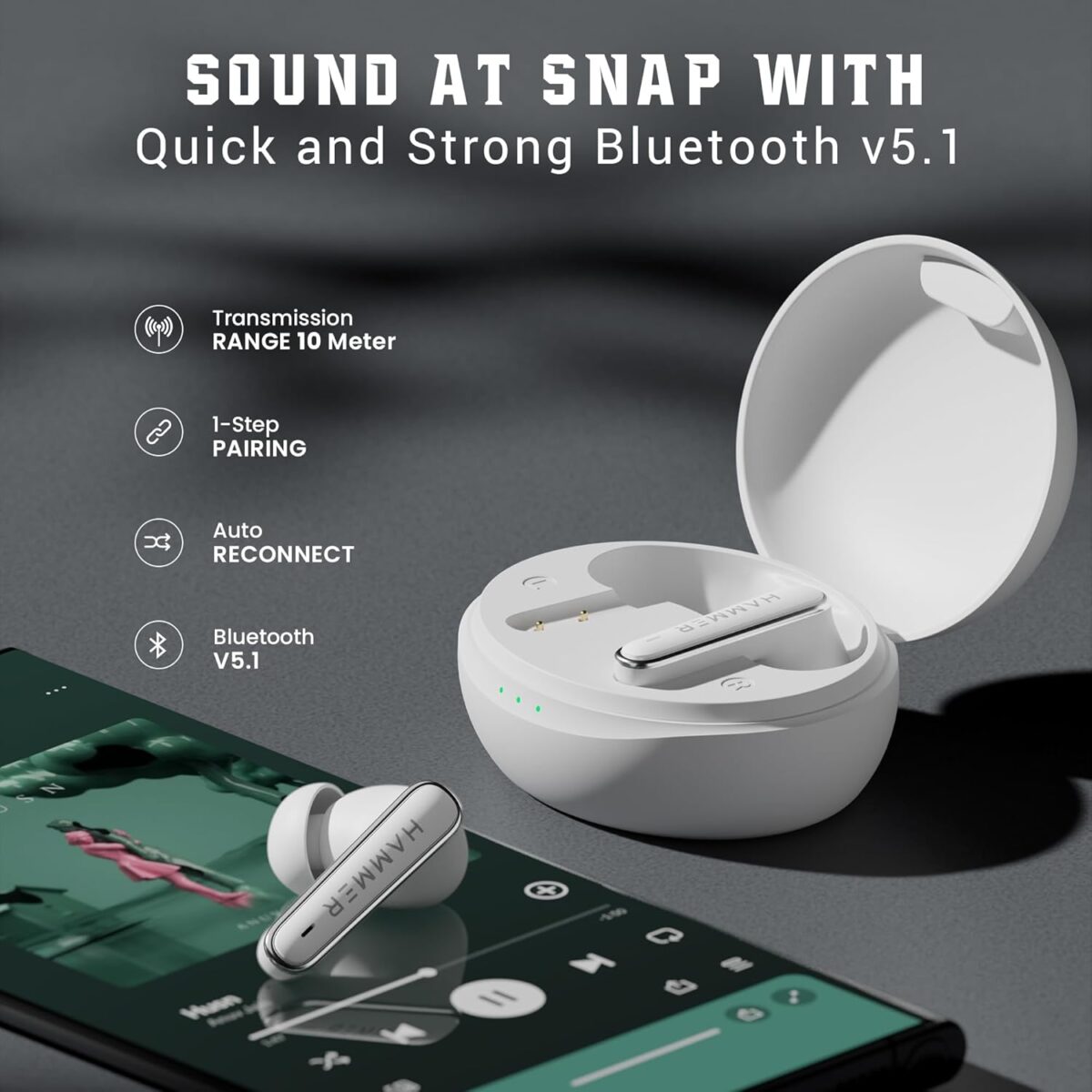 HAMMER Airflow Lit True Wireless Earbuds (White) - Image 2