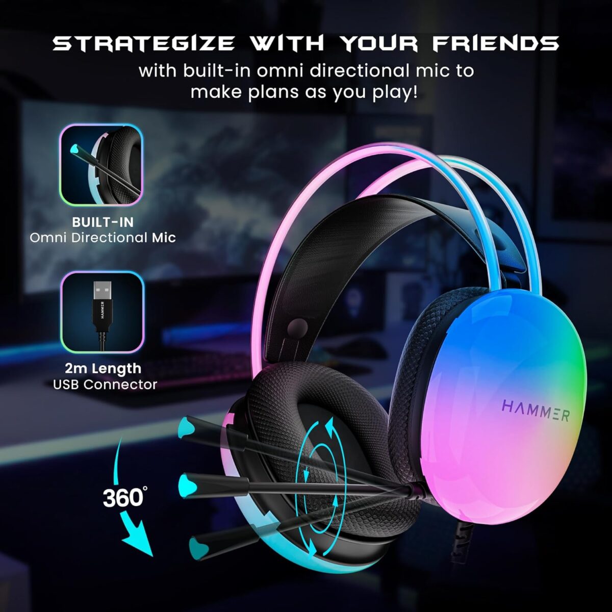 HAMMER Blaze Wired Over Ear Gaming Headphones (Black) - Image 2