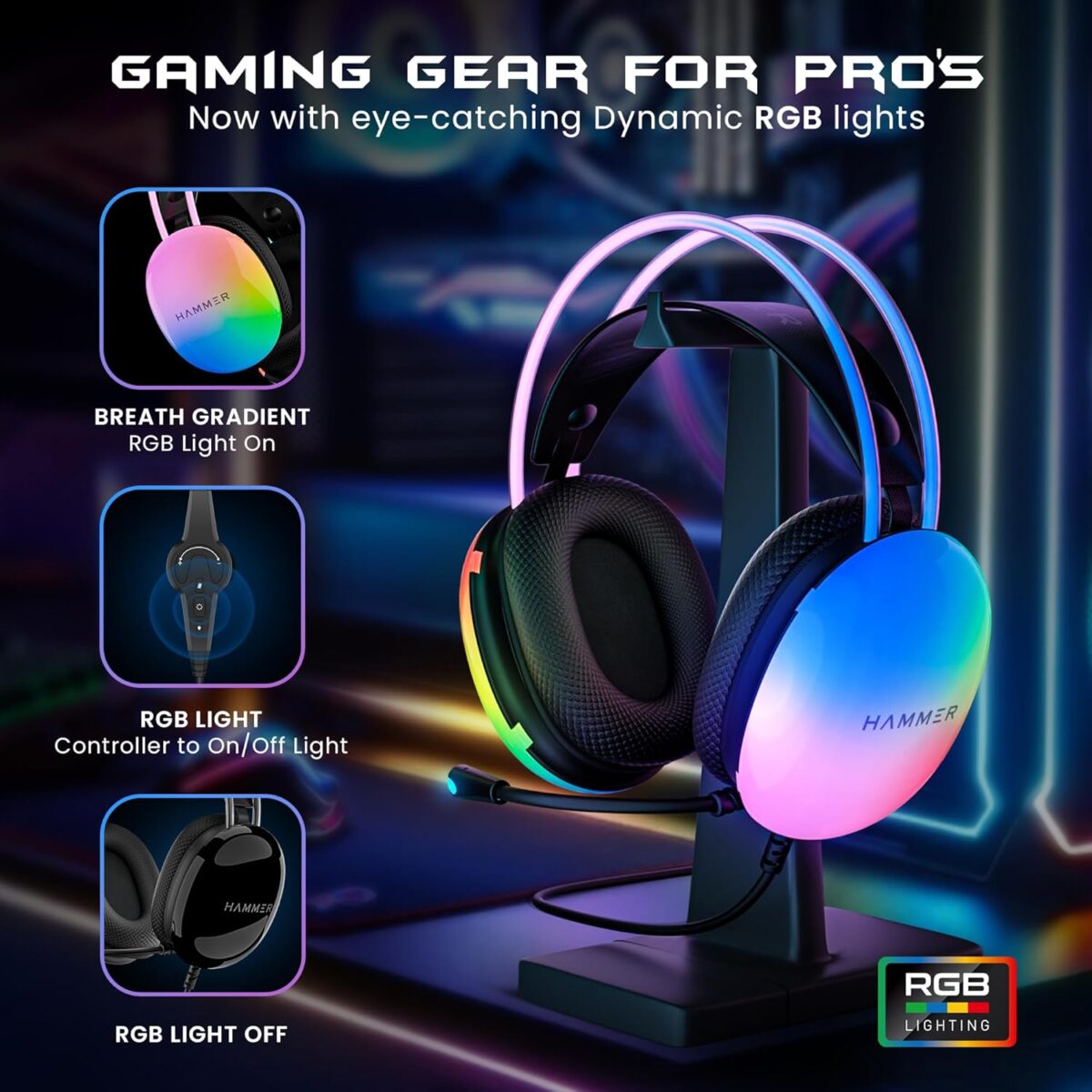 HAMMER Blaze Wired Over Ear Gaming Headphones (Black) - Image 4