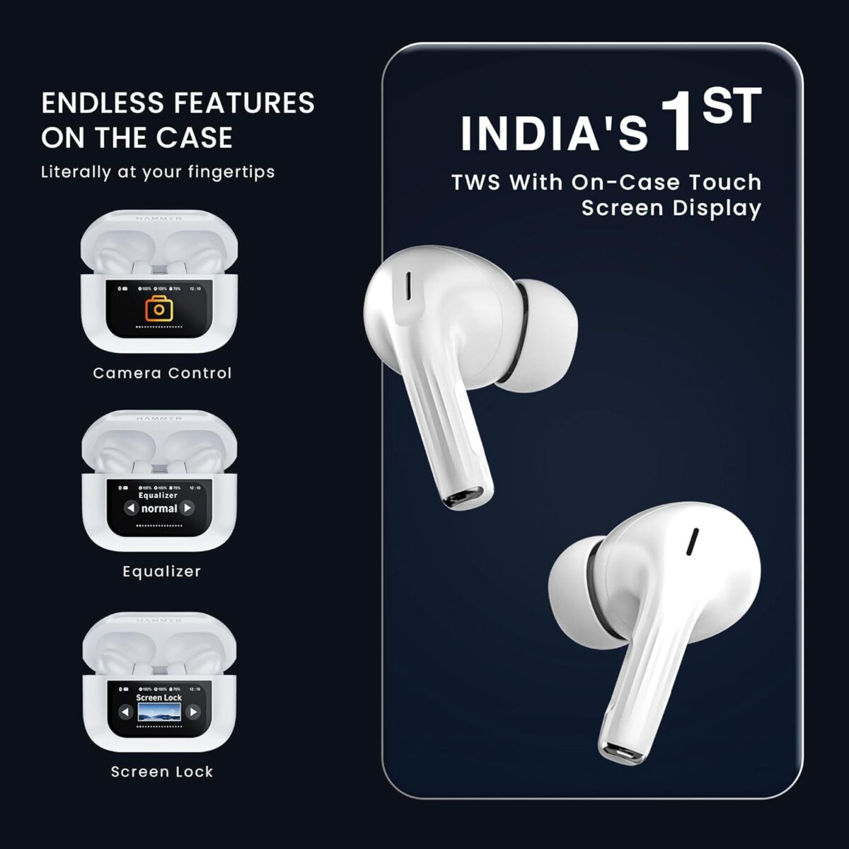 HAMMER Screen TWS, ANC (32dB), Smart Touch Display True Wireless Buds, Type-C (White) - Image 4