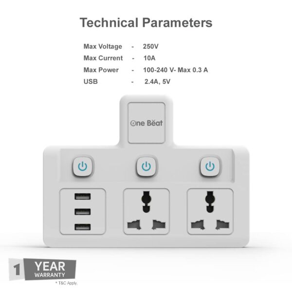 One Beat Cordless Extension Board with 3 USB Socket (OB-2023-U)