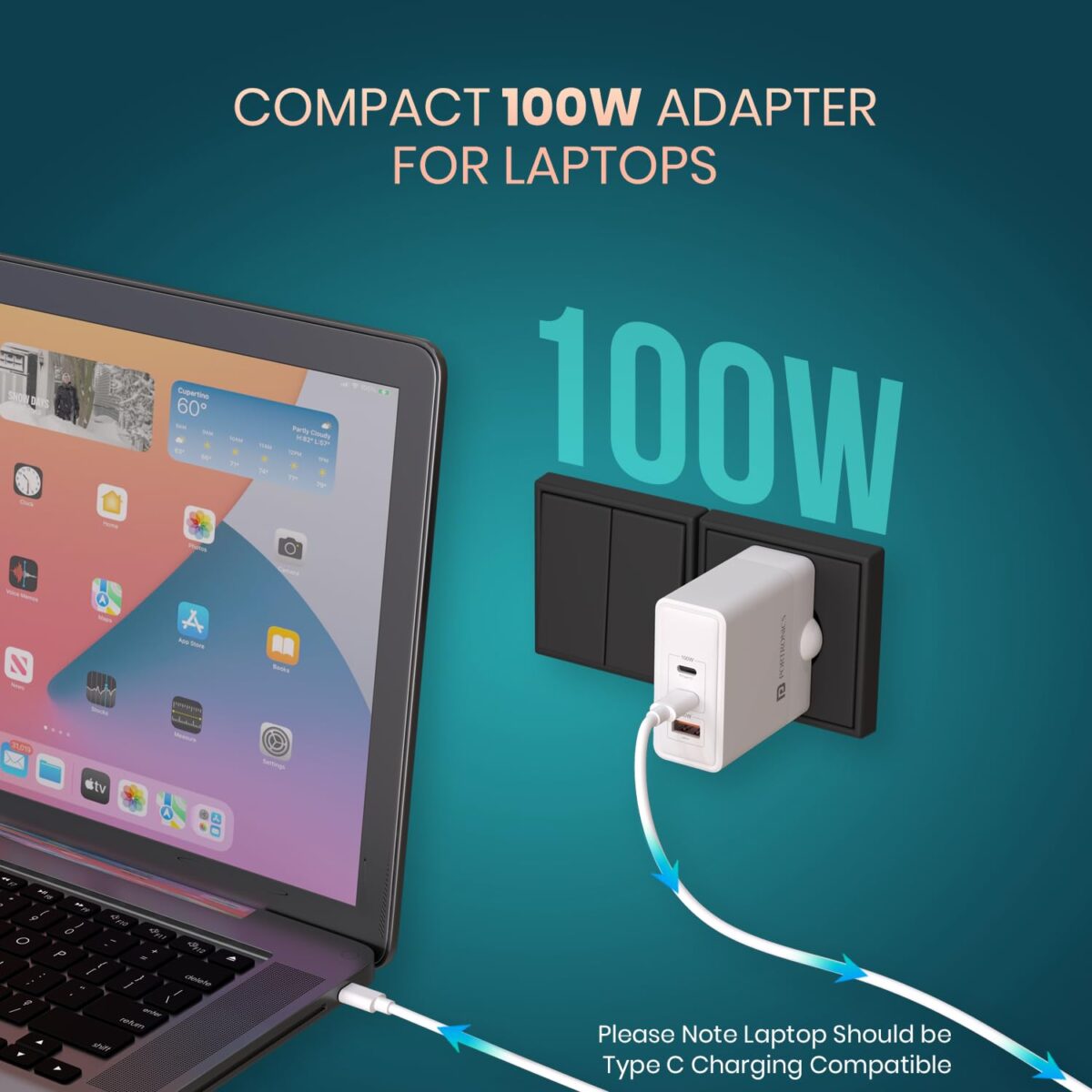 Portronics 100W Adapto 100 GaN Fast Charging Triple Port Adaptor with Type C Cable - Image 3