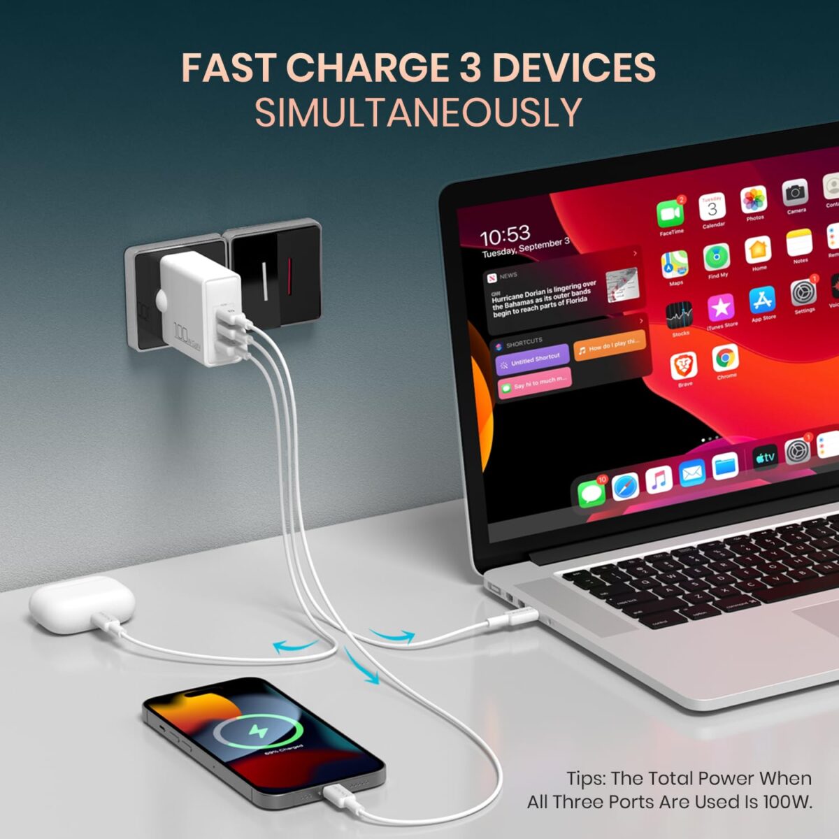 Portronics 100W Adapto 100 GaN Fast Charging Triple Port Adaptor with Type C Cable - Image 4