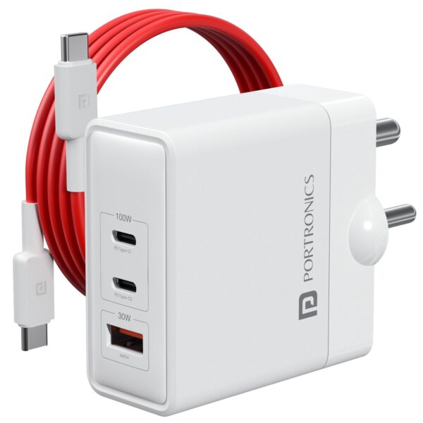 Portronics 100W Adapto 100 GaN Fast Charging Triple Port Adaptor with Type C Cable