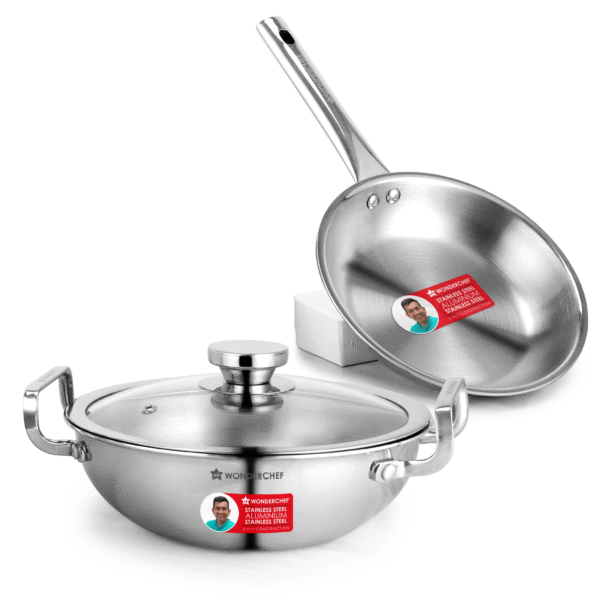 Wonderchef Stella Triply Stainless Steel Cookware Set | 3 Pcs. | Fry Pan 22 cm, Kadhai 22 cm + Lid | For Gas Stove, Induction, Ceramic Cooktop